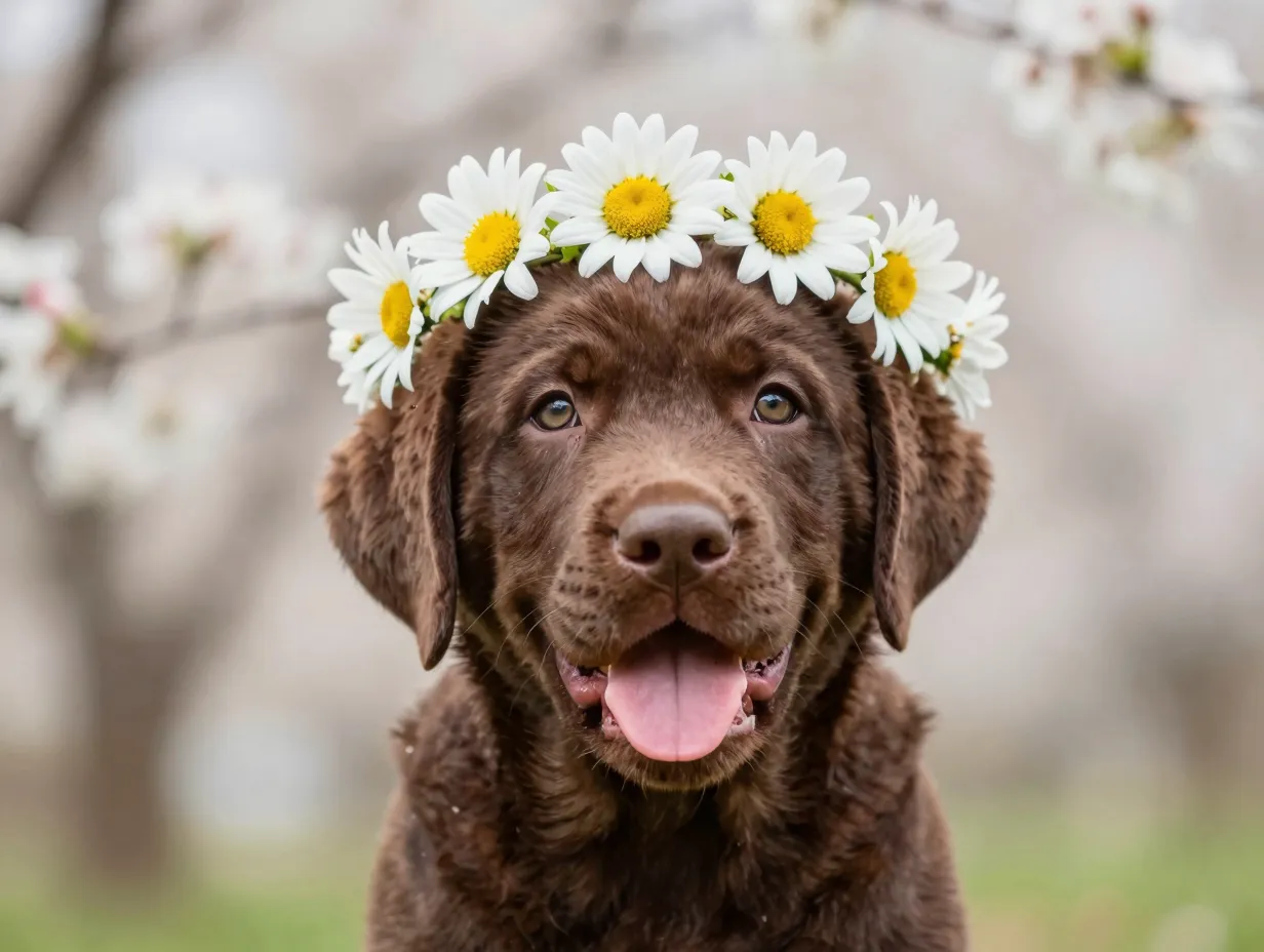 Chocolate labrador puppy wearing daisy flower crown with bokeh background