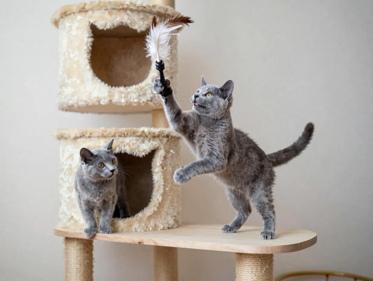 Kitten playing with feather wand toy on cat tree enrichment