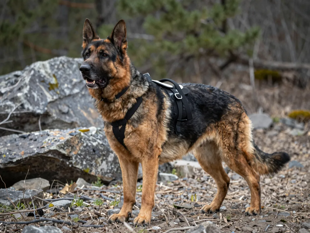 Muscular giant working king shepherd in search and rescue gear outdoors