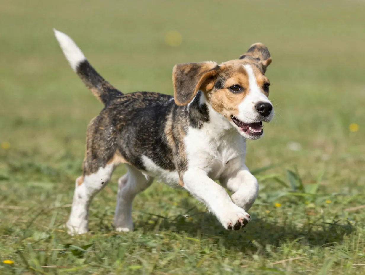 Beagle puppy mid run with motion blur and determined expression