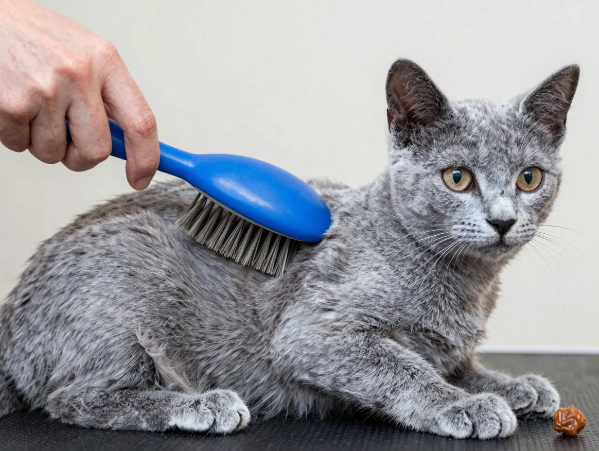 Weekly brushing session russian blue kitten low maintenance coat