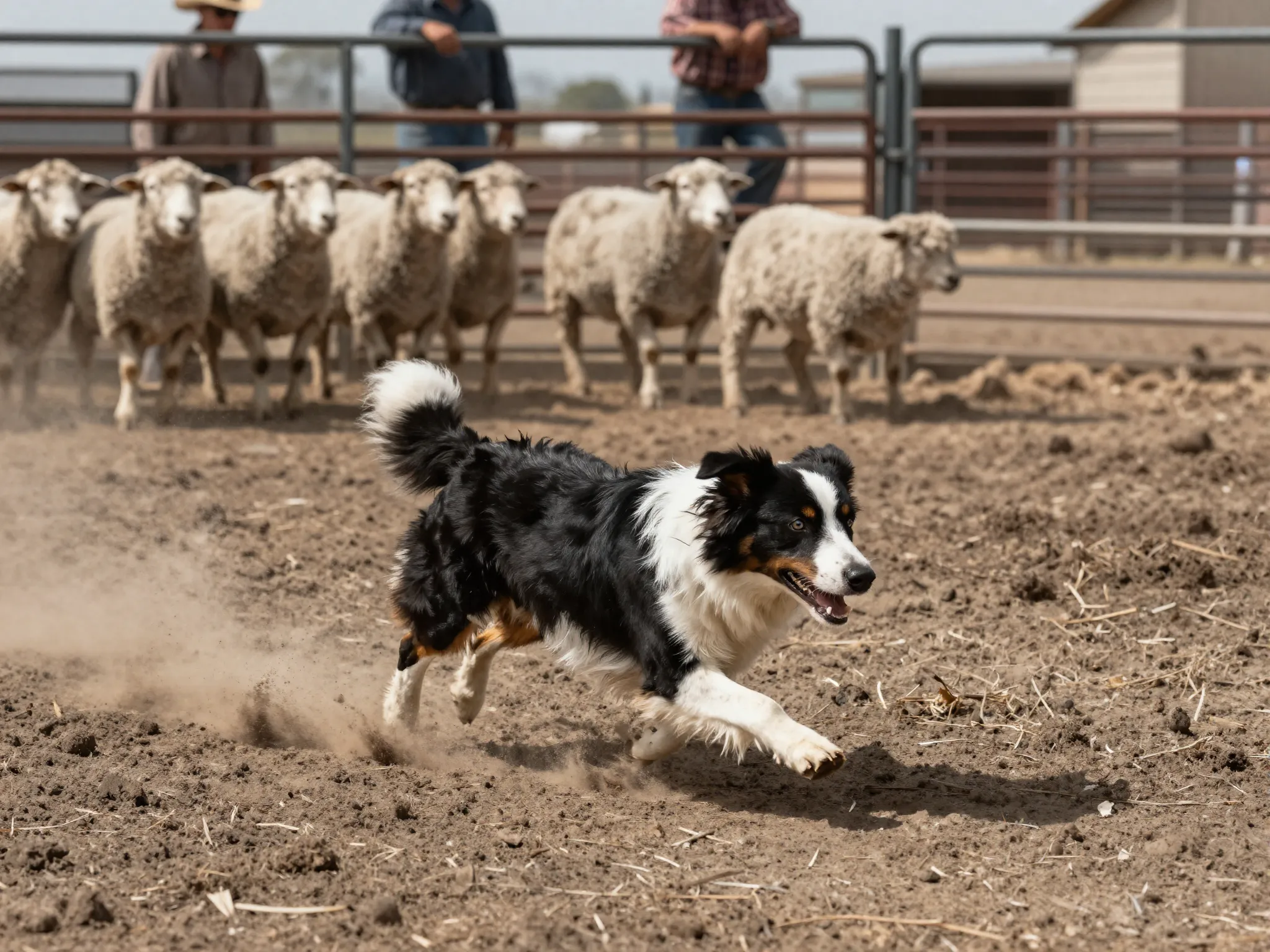 Miniature australian shepherd herding sheep on a rodeo circuit