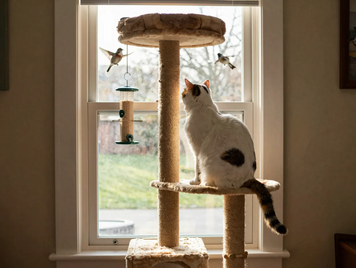 Tall cat tree against sunlit window with turkish van observing birds outside