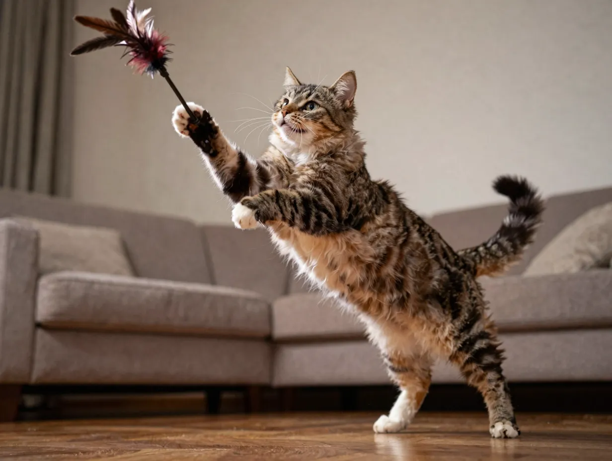 Adult turkish van energetically chasing a wand toy feather teaser in living room