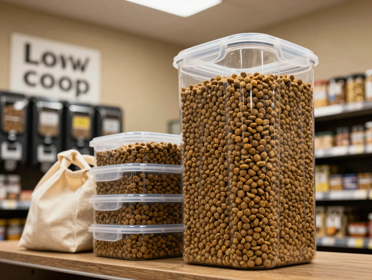 Large airtight container of bulk kibble in a pet supply store