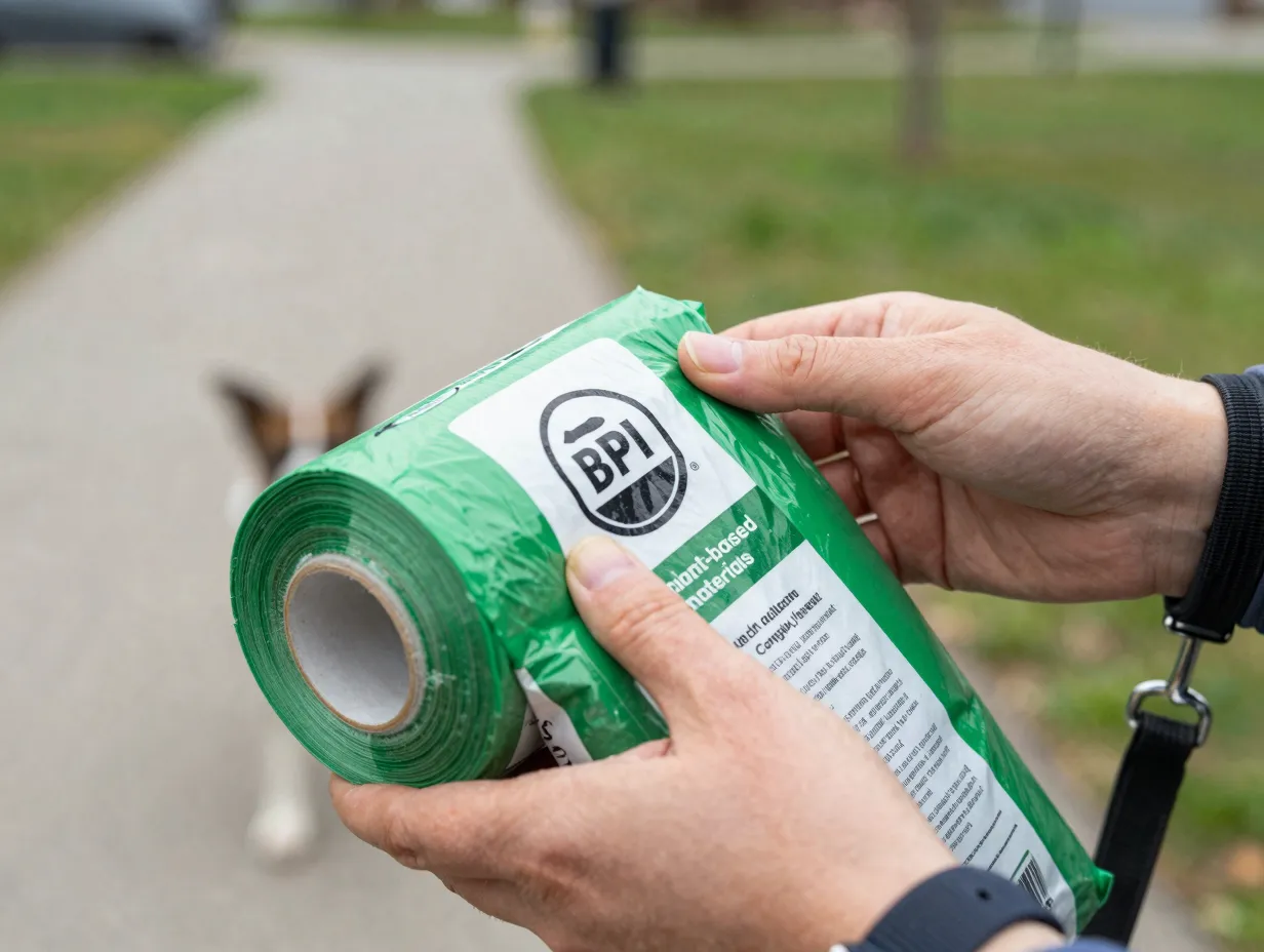 Dog owner reading bpi certified biodegradable waste bag label