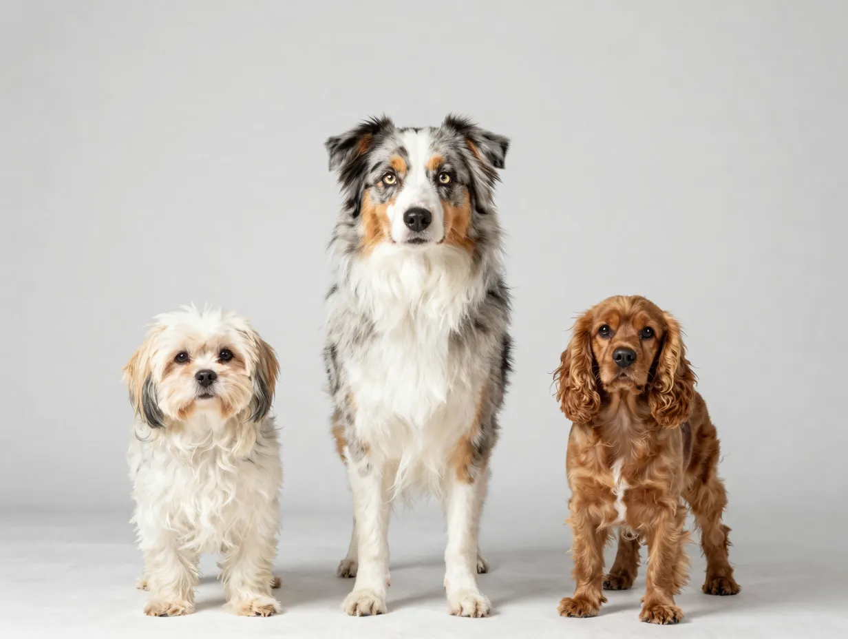 Miniature australian shepherd standing tall next to cocker spaniel
