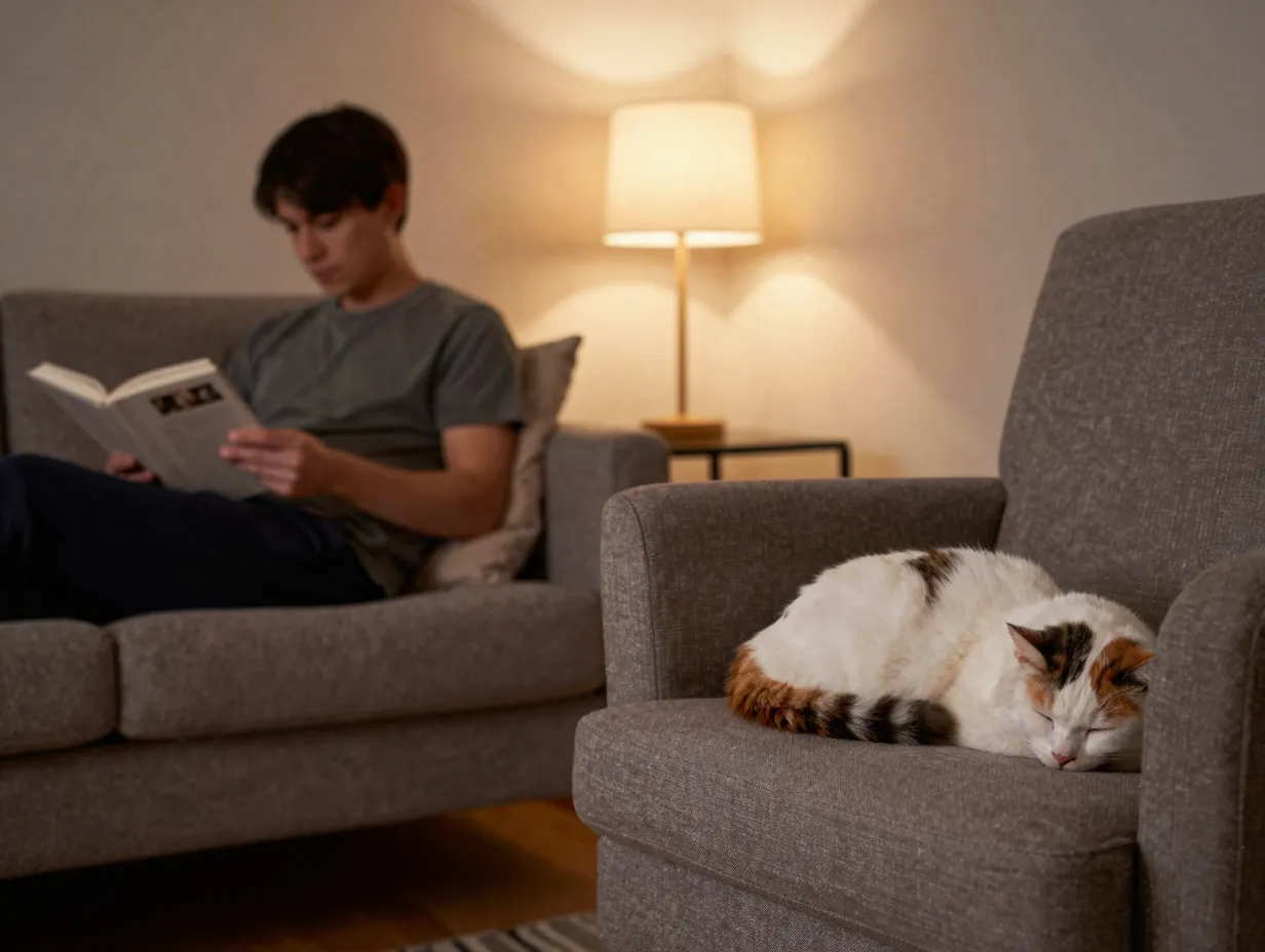 Turkish van cat resting on nearby armchair while person reads on sofa