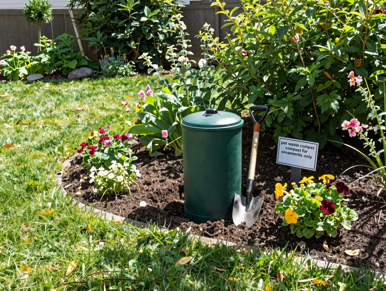 Buried doggie dooley in ground composter in a backyard garden