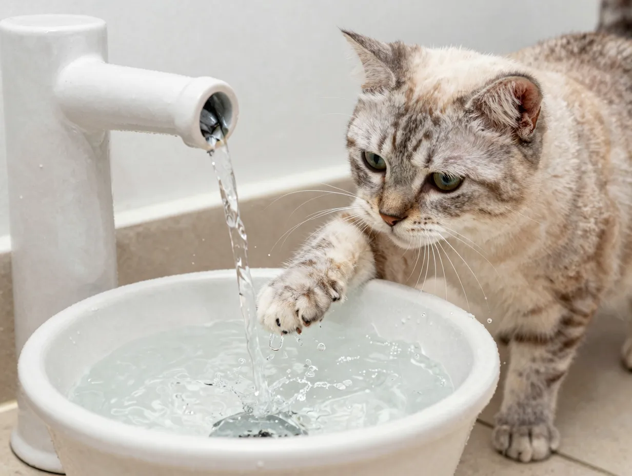 Turkish van cat pawing at water stream from ceramic pet drinking fountain