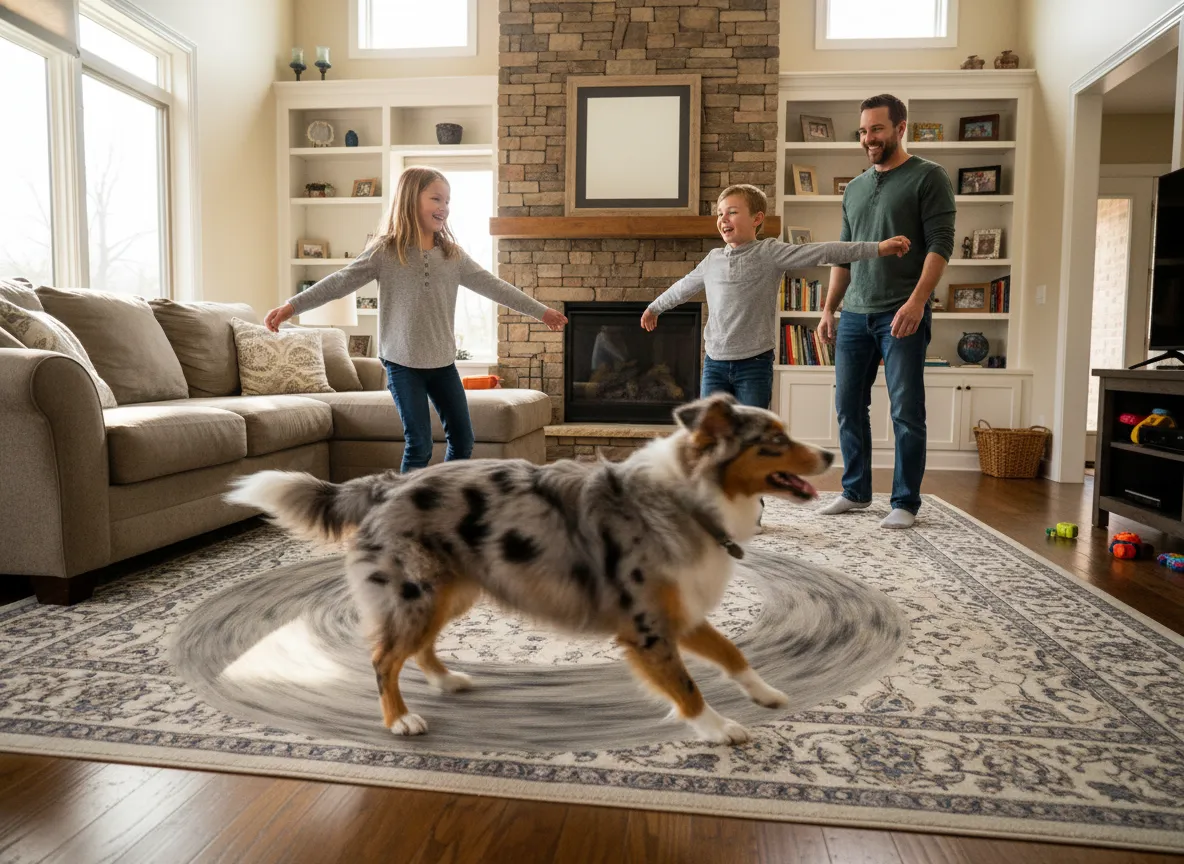 Miniature australian shepherd circling family members in living room