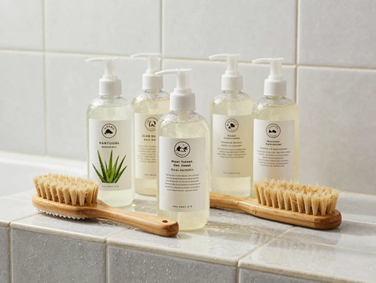 Natural dog shampoo bottle and bamboo brush on bathroom tiles