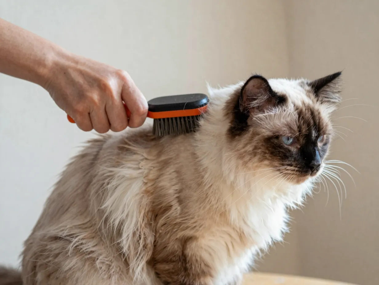 Person gently brushing semi longhair coat of content turkish van cat