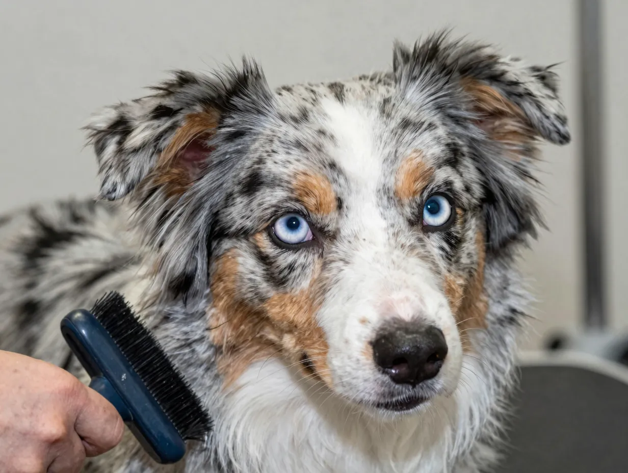 Blue merle miniature australian shepherd with heterochromia being brushed