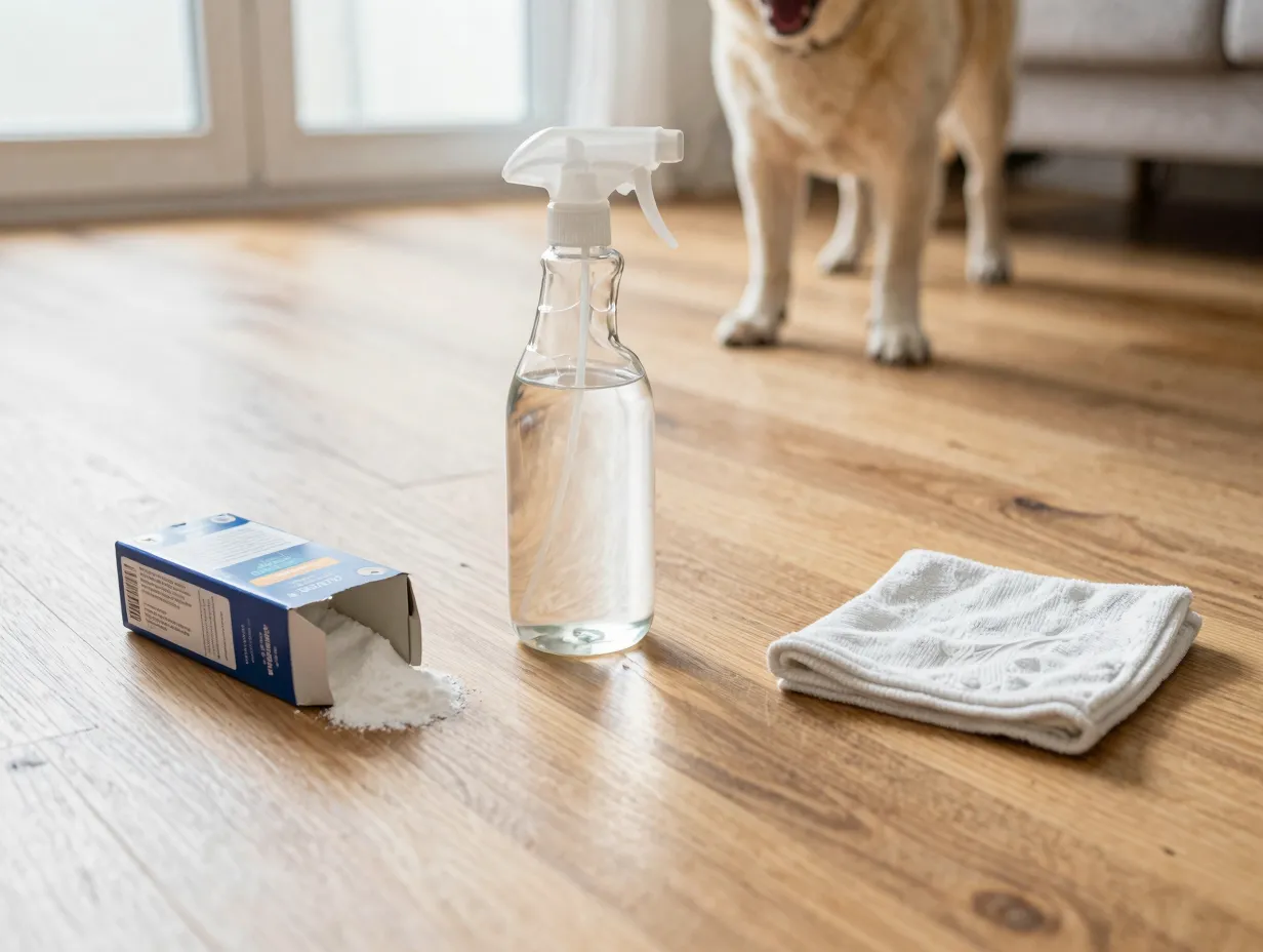Spray bottle of vinegar cleaner and baking soda on hardwood floor