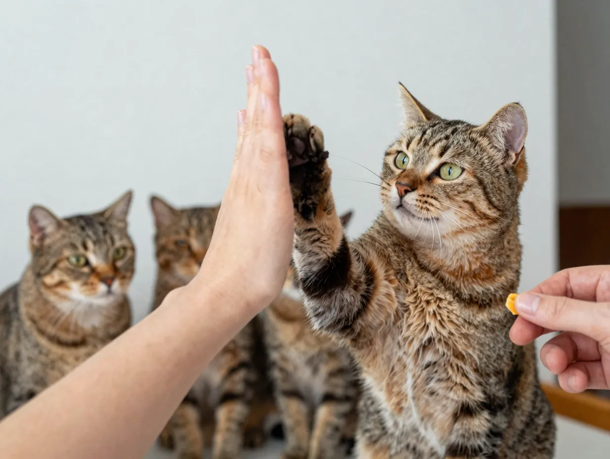 Turkish van cat successfully performing high five trick with persons hand