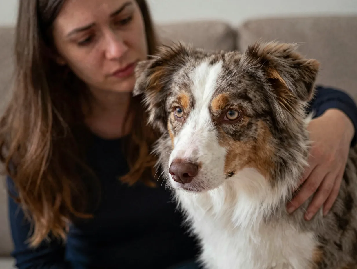 Miniature australian shepherd comforting a sad person as therapy dog