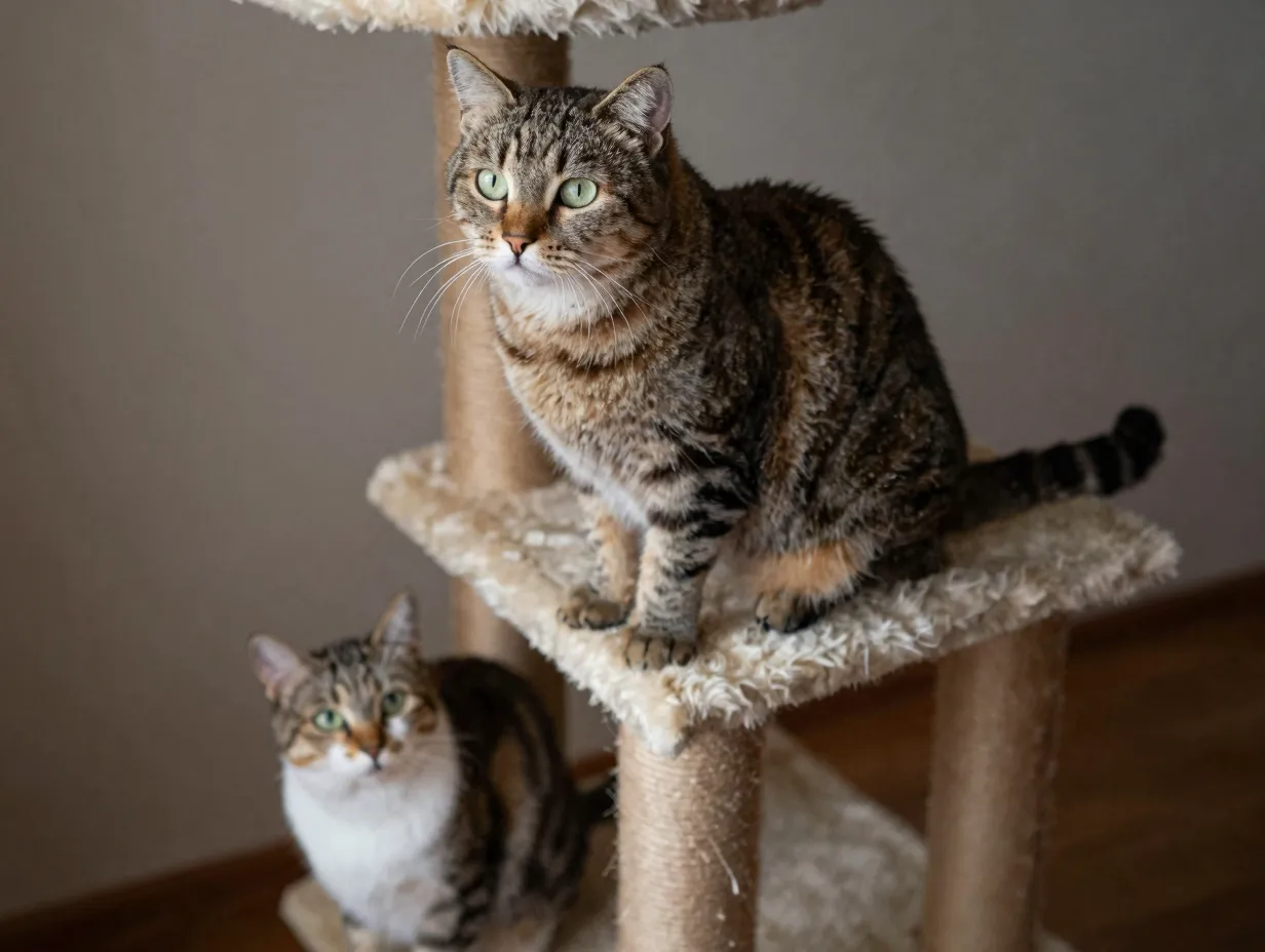 Turkish van cat asserting dominance on top of cat tree overlooking another cat