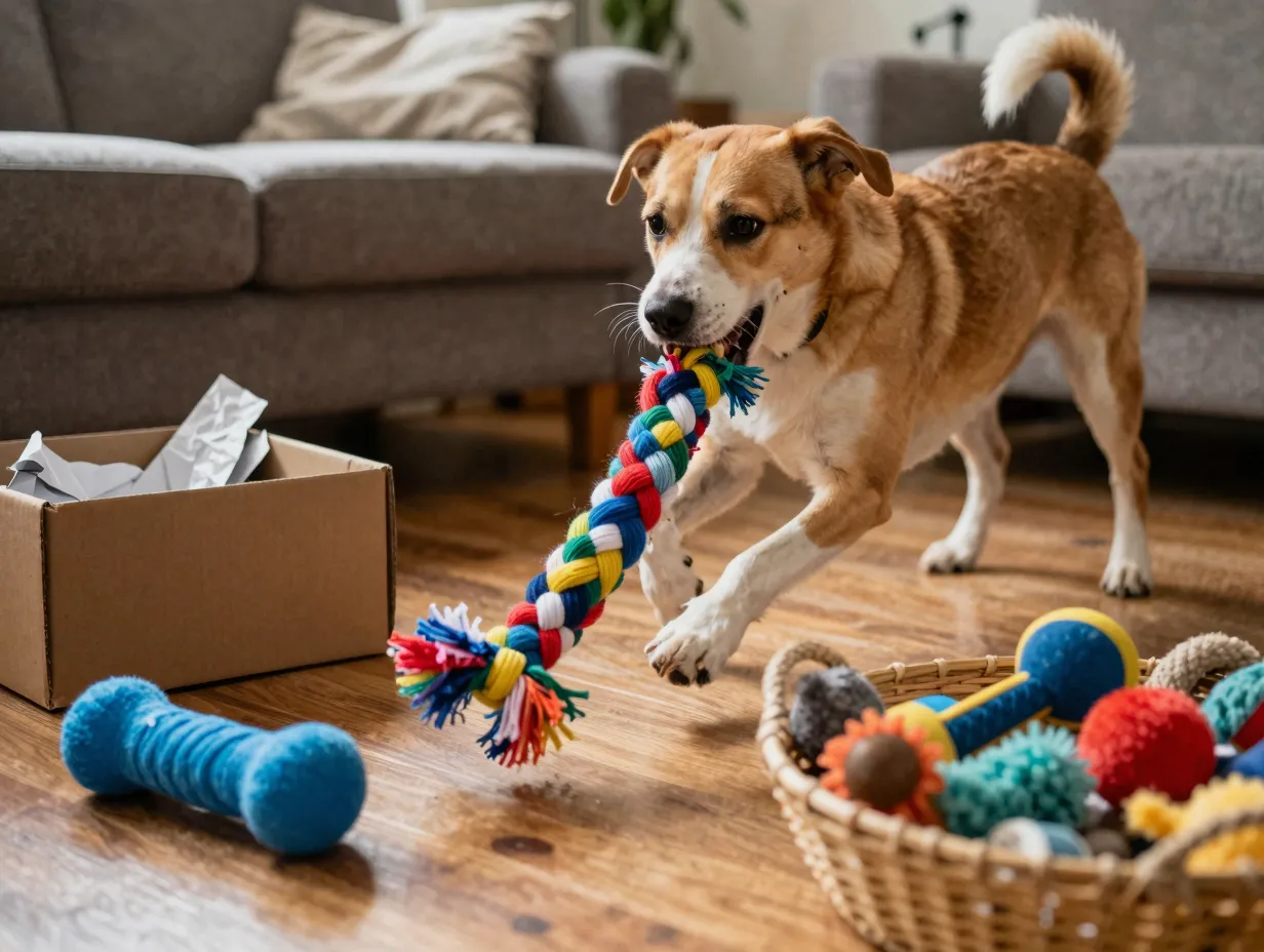 Dog playing with a diy braided t shirt tug toy in a living room