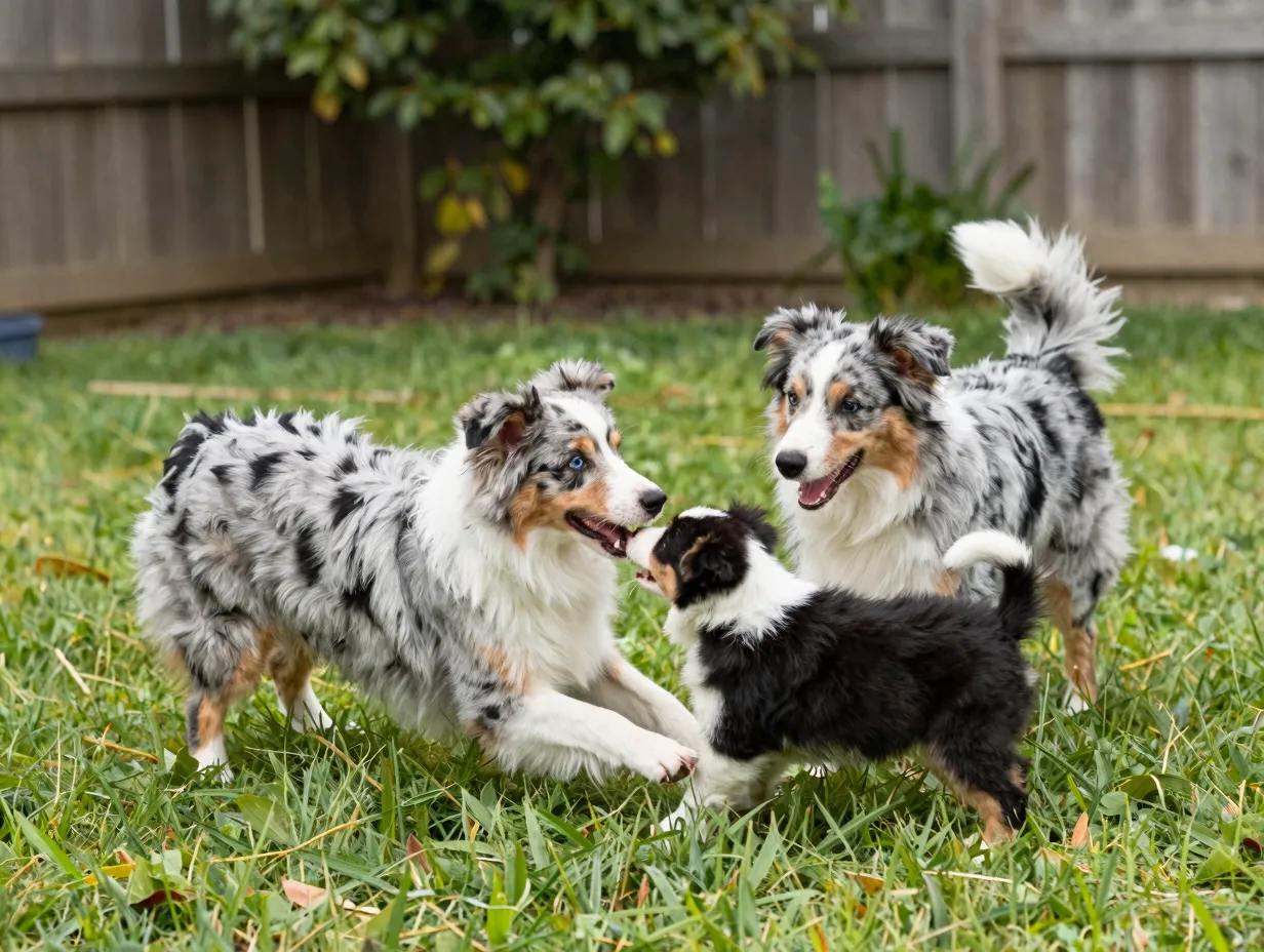 Older miniature australian shepherd playing with a young puppy