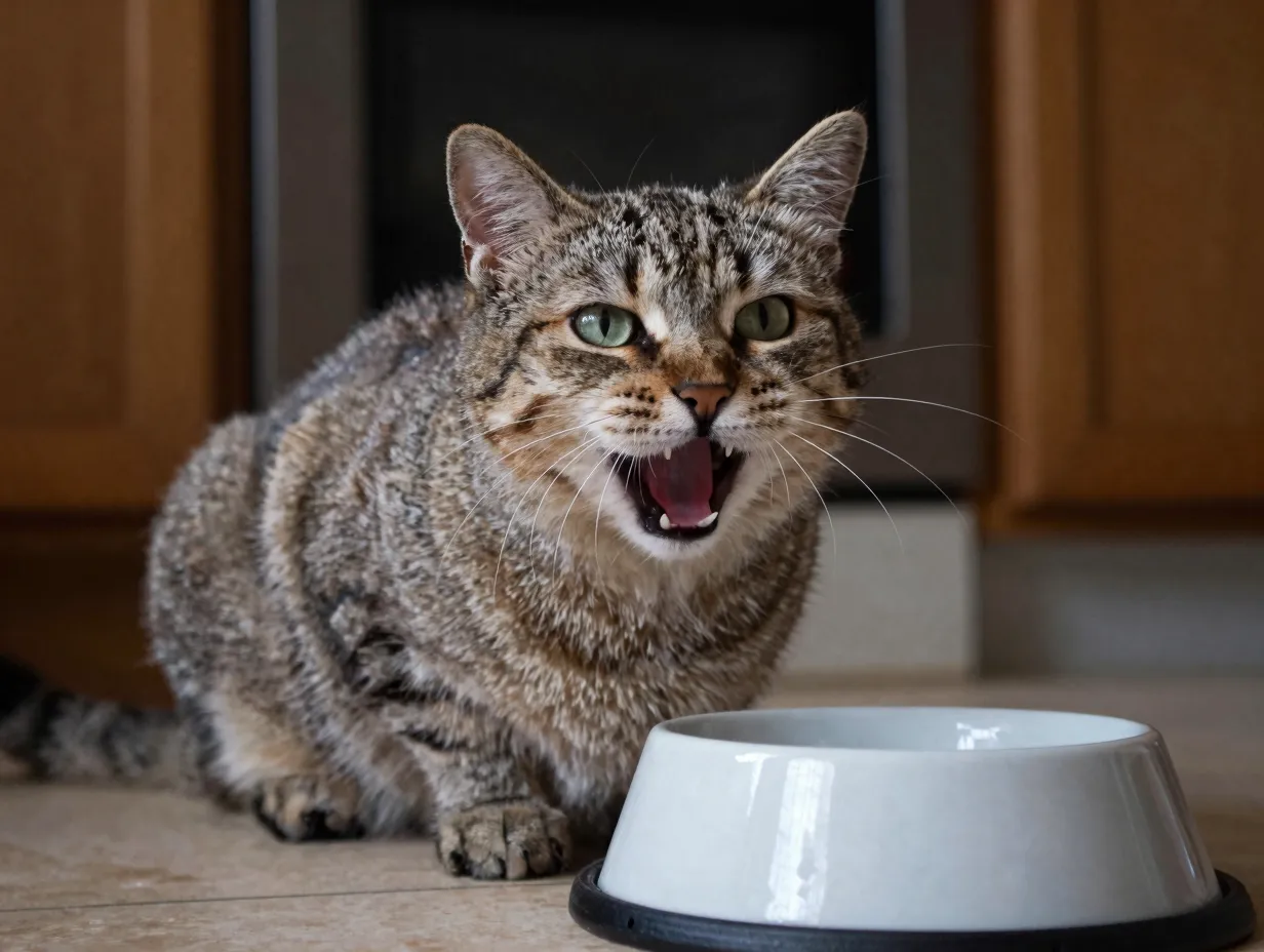 Turkish van cat vocalizing loudly with open mouth next to empty food bowl