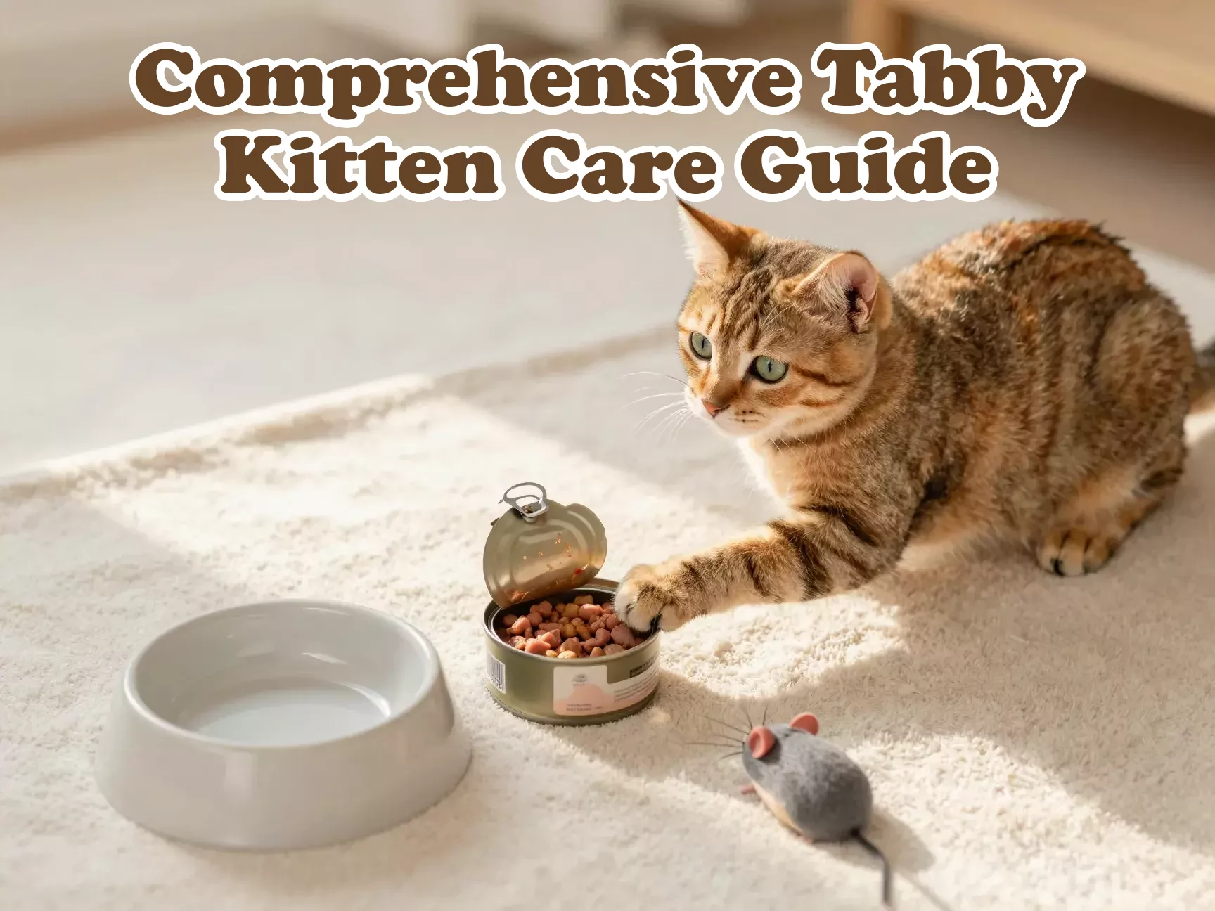 Comprehensive tabby kitten care guide with food toys text overlay main