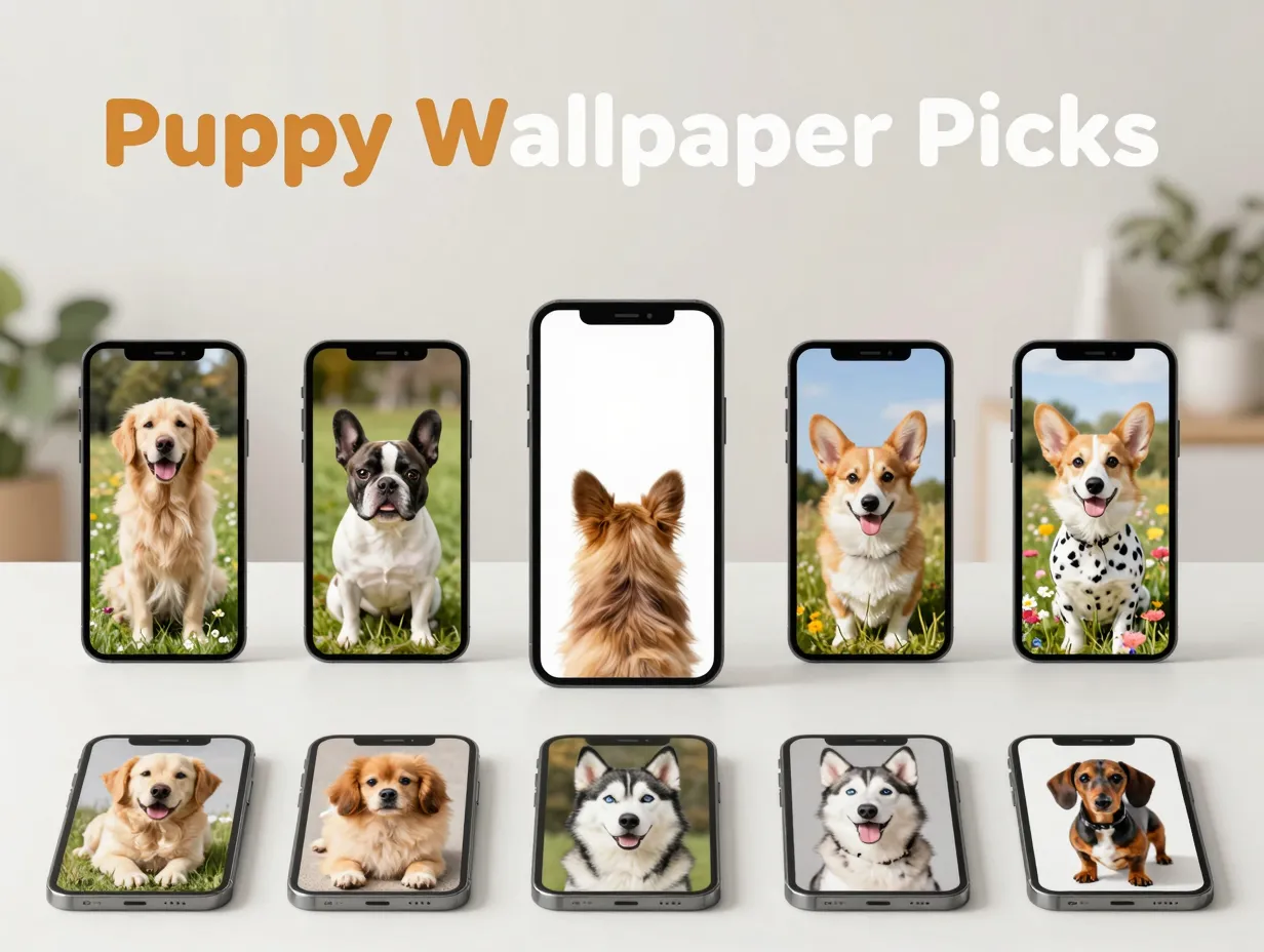 Nine puppy phone wallpapers grid on bright modern desk