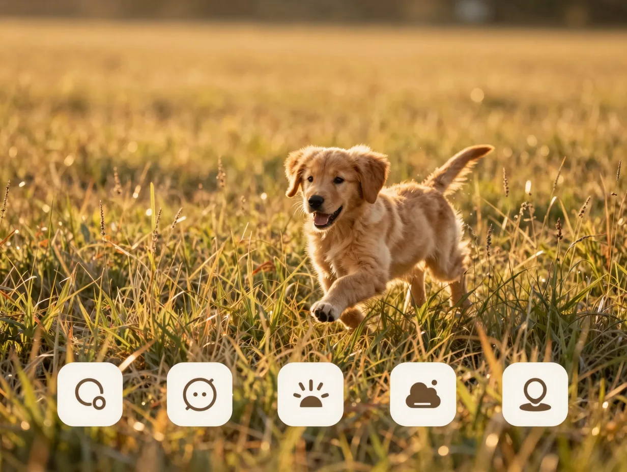 Golden retriever puppy bounding through sunlit tall grass