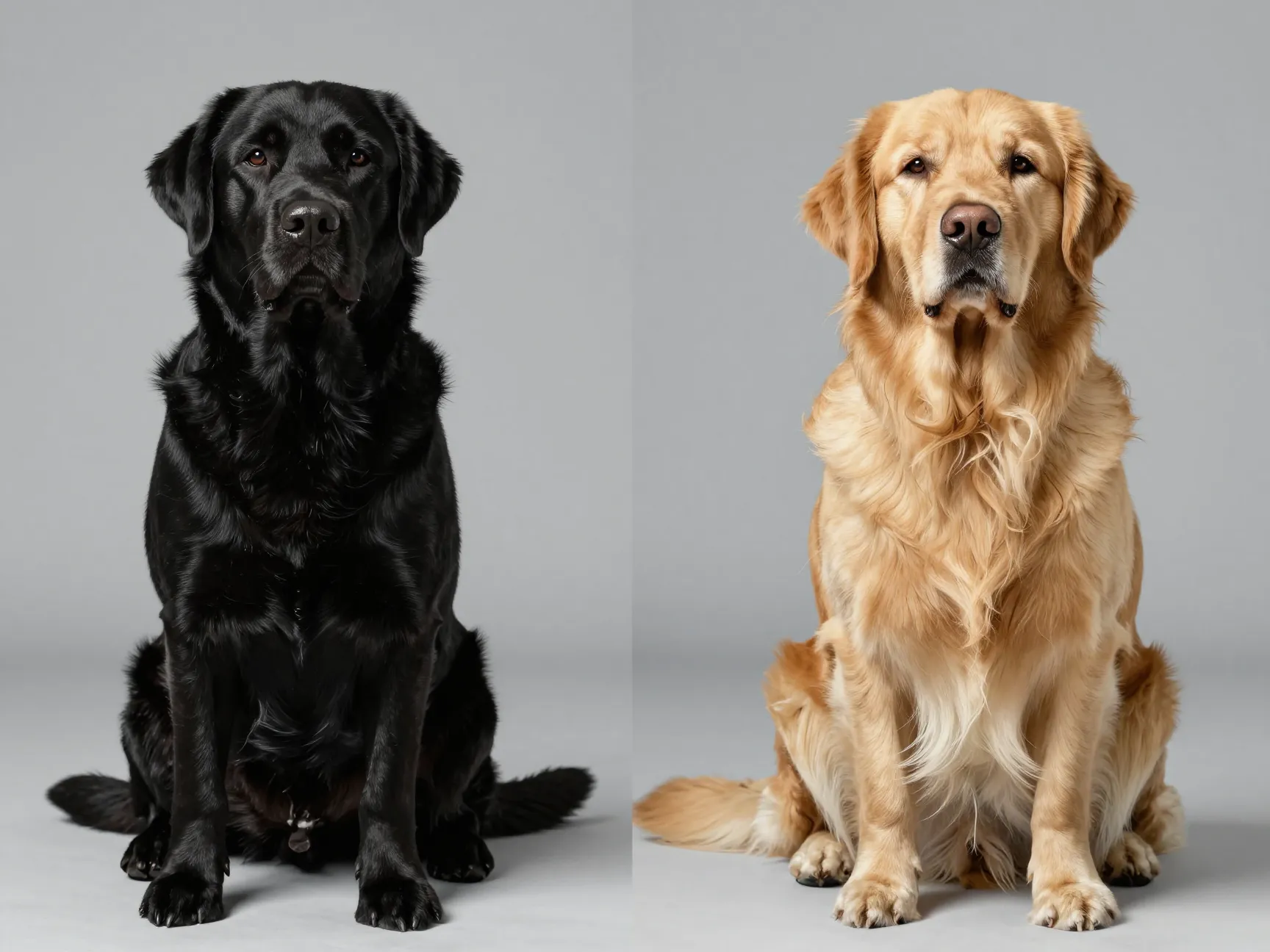 Short dense black coat and long flowing golden coat side by side