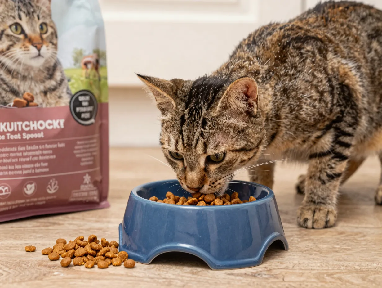 Tabby kitten eating from blue ceramic bowl on kitchen floor next to bag