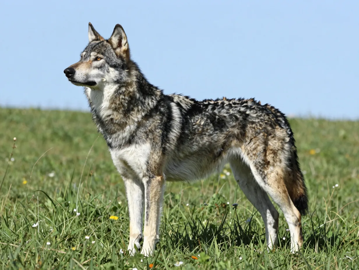 Athletic wolf like gerberian shepsky dog standing in grassy field