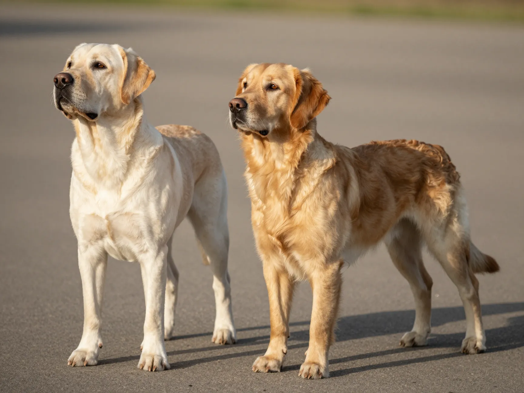 Muscular broad labrador and graceful slender golden retriever builds