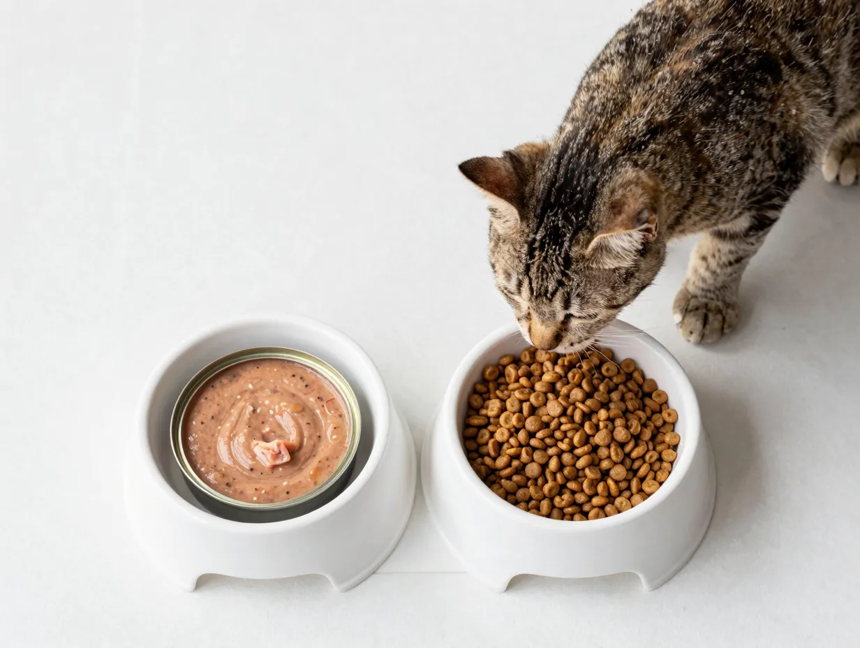 Tabby kitten eating from two separate bowls one wet food one dry kibble