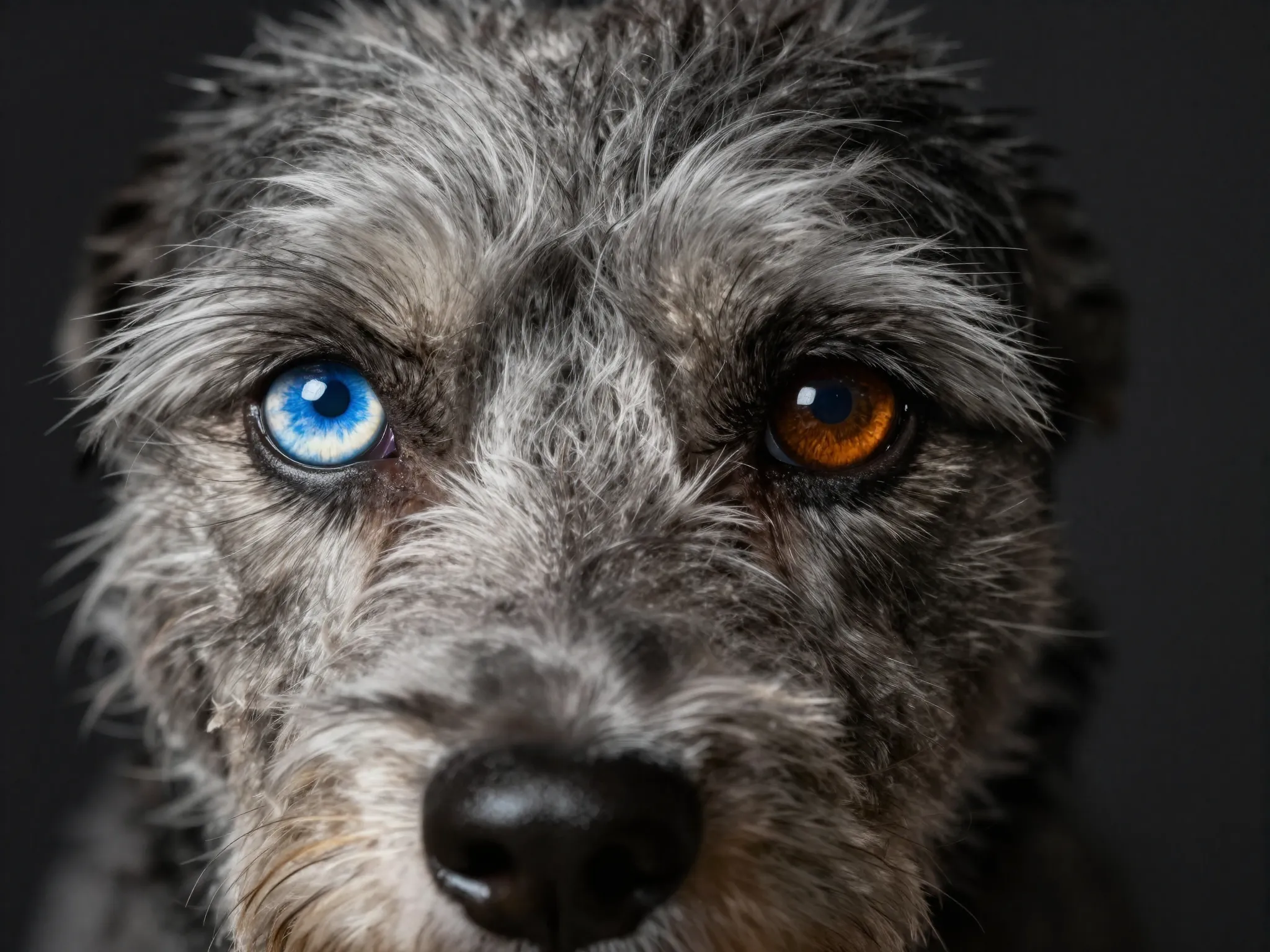 Gerberian shepsky dog close up face with heterochromia blue brown eyes