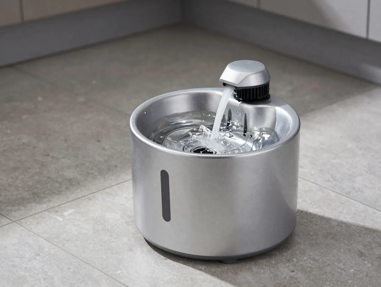 Silver pet water fountain with flowing water on a tiled floor