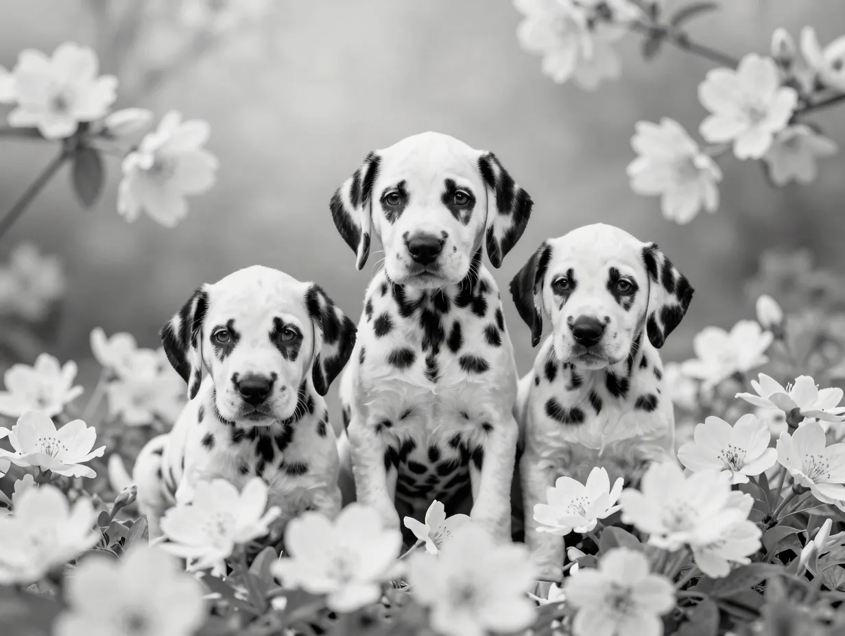 Dalmatian puppy nestled among white blooms