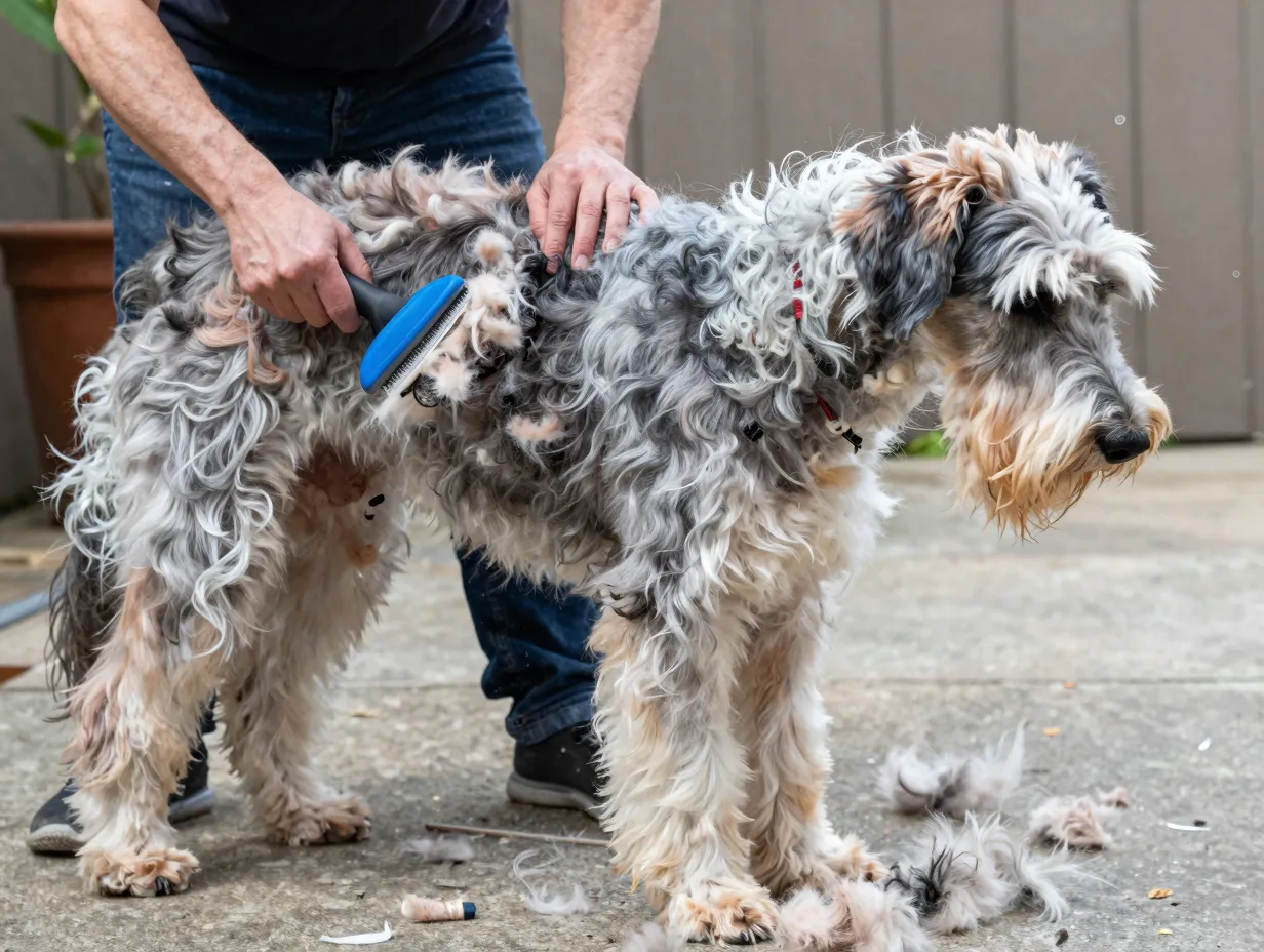 Dense multicolored coat shedding from gerberian shepsky dog during grooming