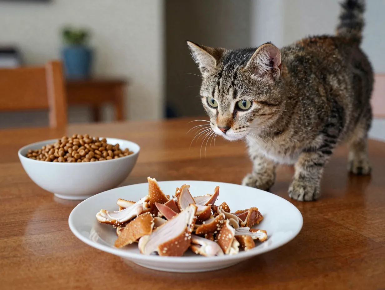 Tabby kitten ignoring plate of human food chicken scraps on table