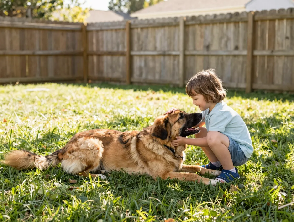 Gerberian shepsky dog playing gently with small child in sunny backyard