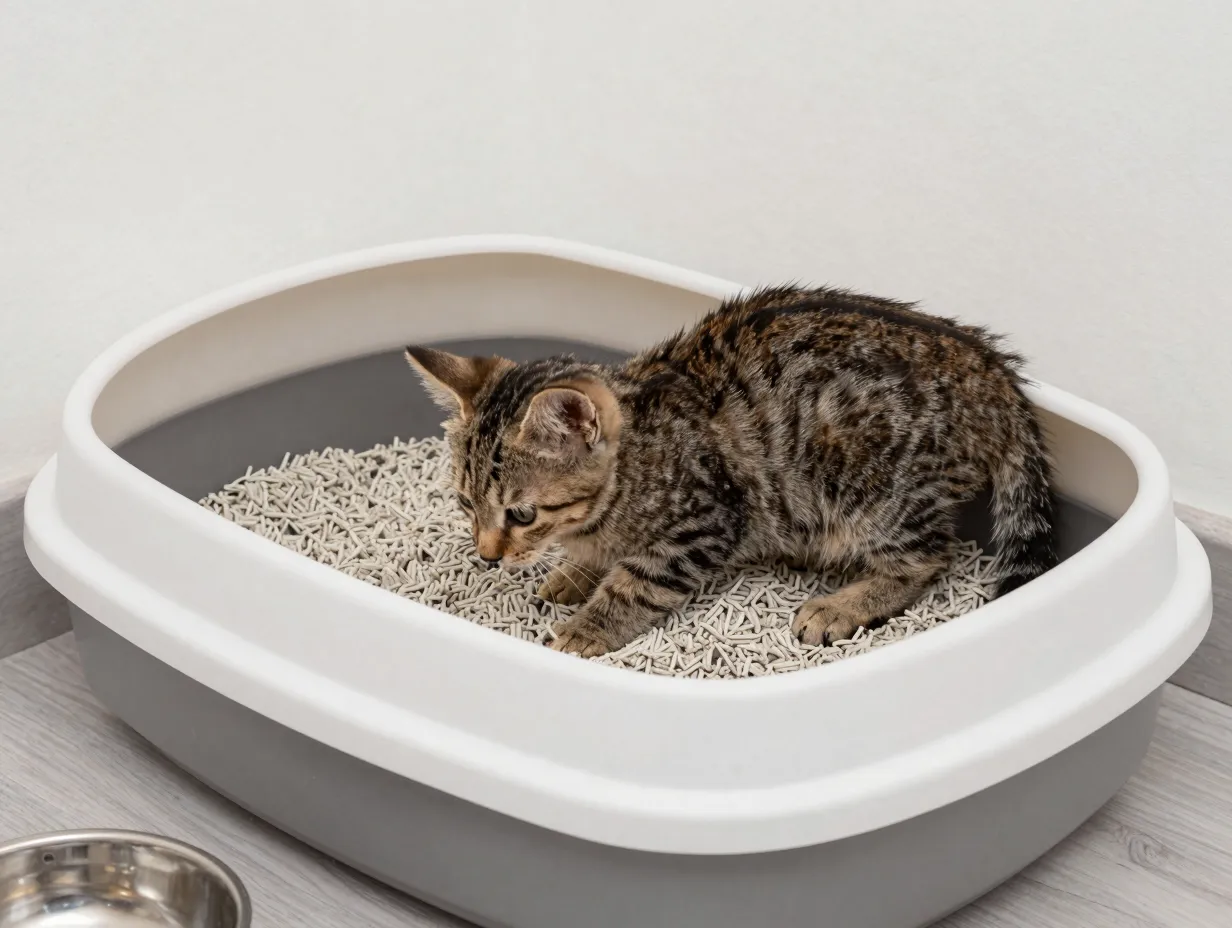 Tabby kitten using litter box with low sides and unscented clumping litter
