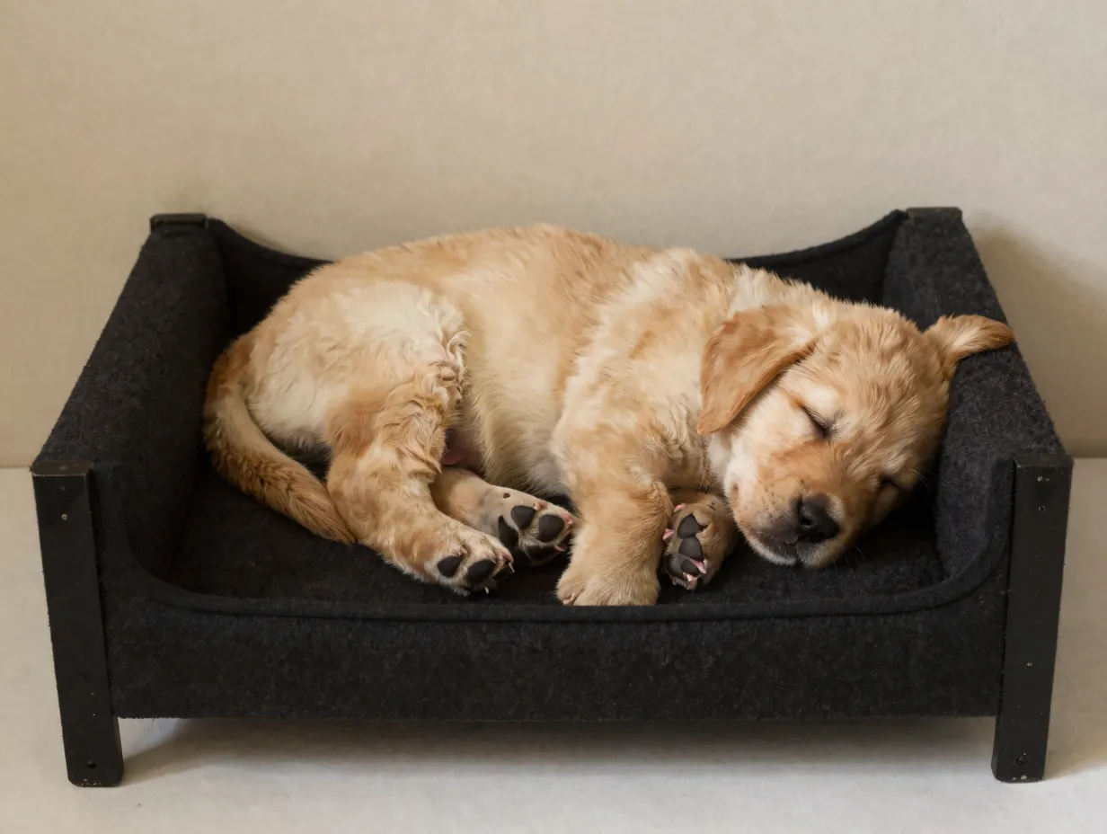Sleeping labrador puppy in tiny bed