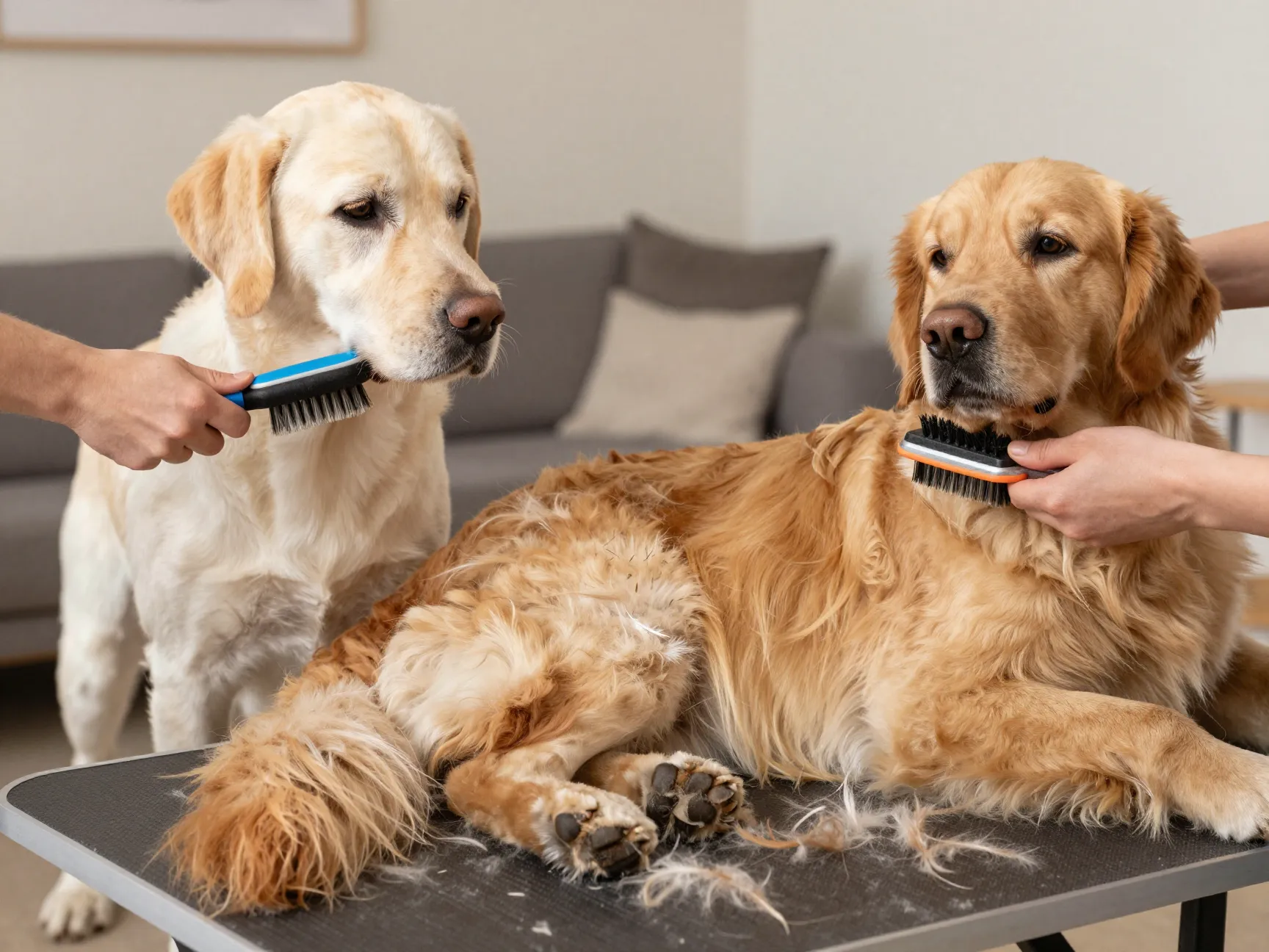 Low maintenance lab brushing and high maintenance golden grooming
