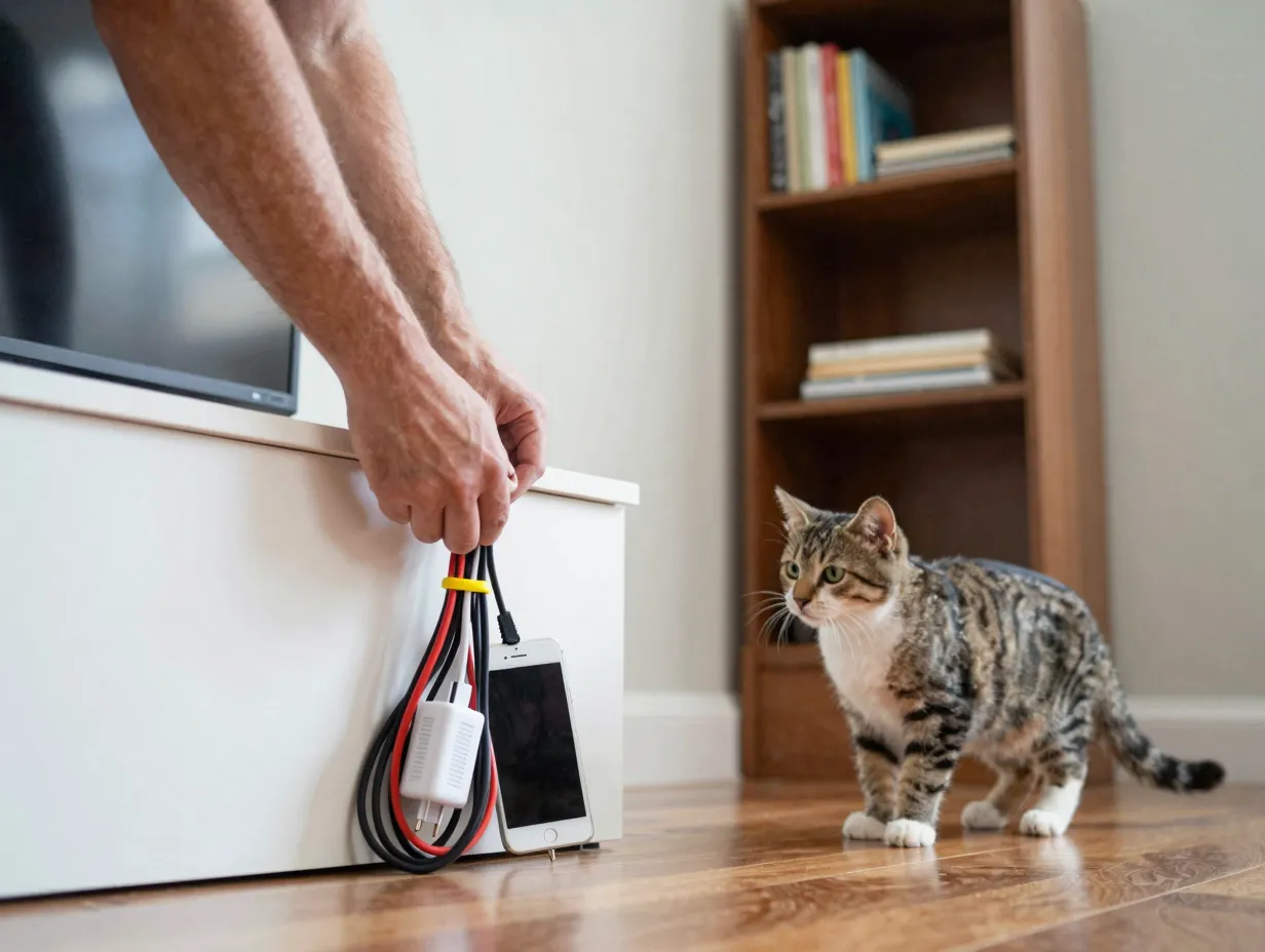 Person securing bundled electrical cords behind furniture with kitten watching