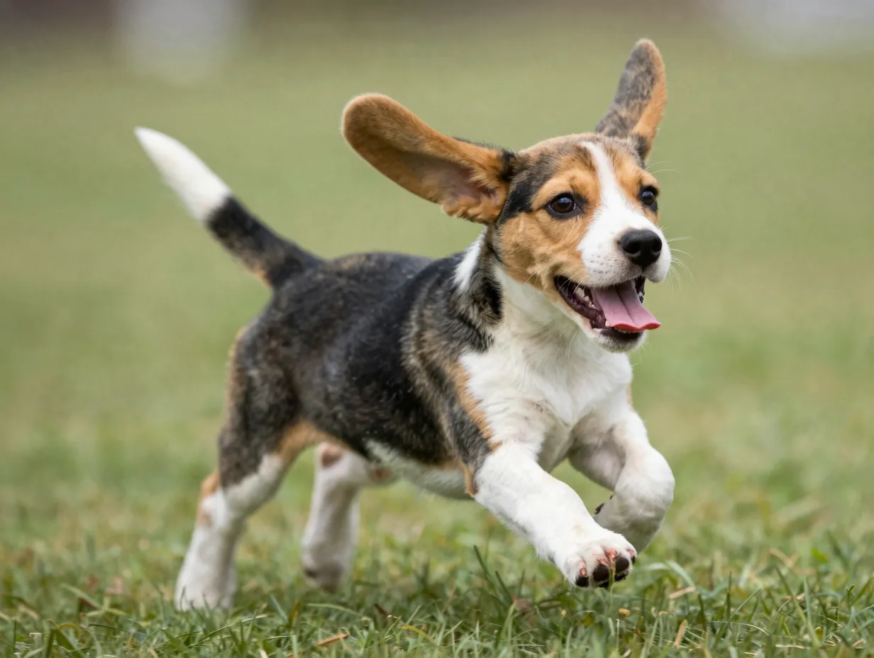 Beagle puppy sprinting ears flying