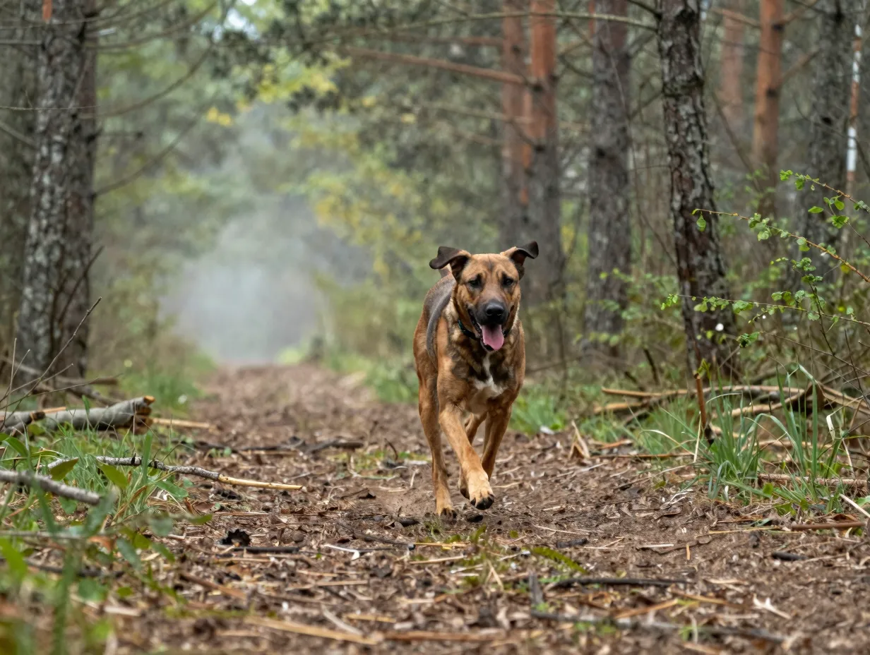 Gerberian shepsky dog running vigorously through forest trail exercise