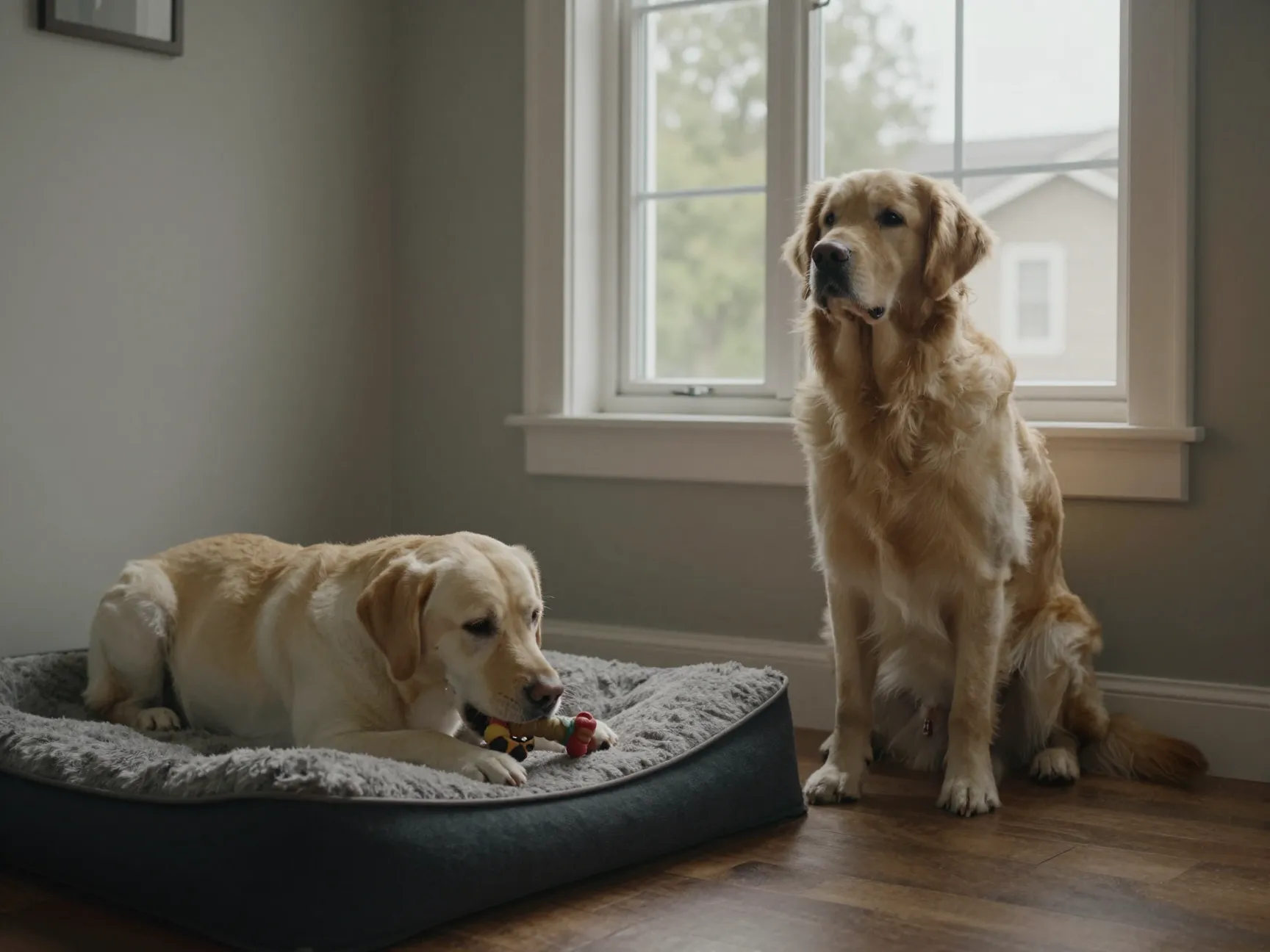 Resilient labrador alone and anxious golden separation behavior
