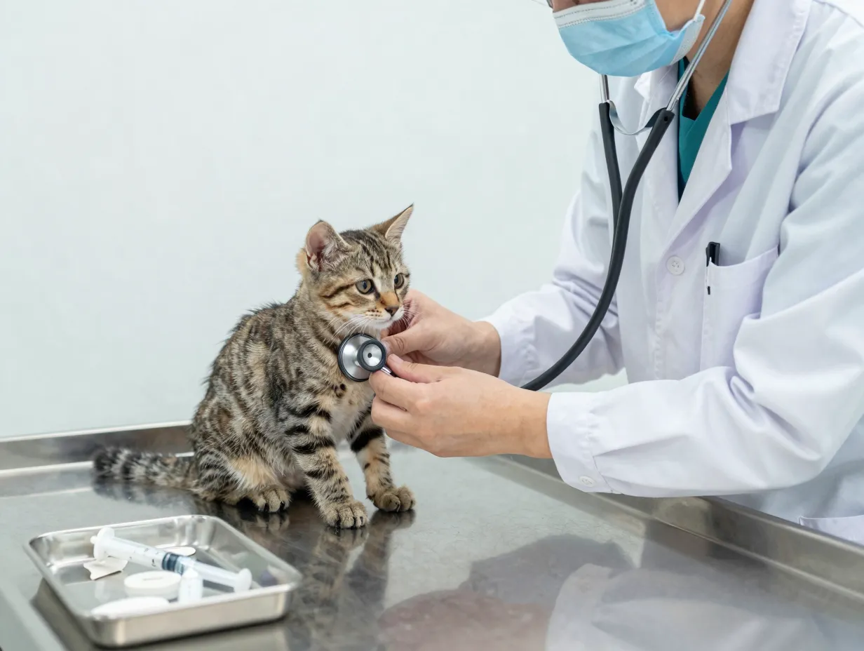 Veterinarian examining a tabby kitten on a stainless steel examination table