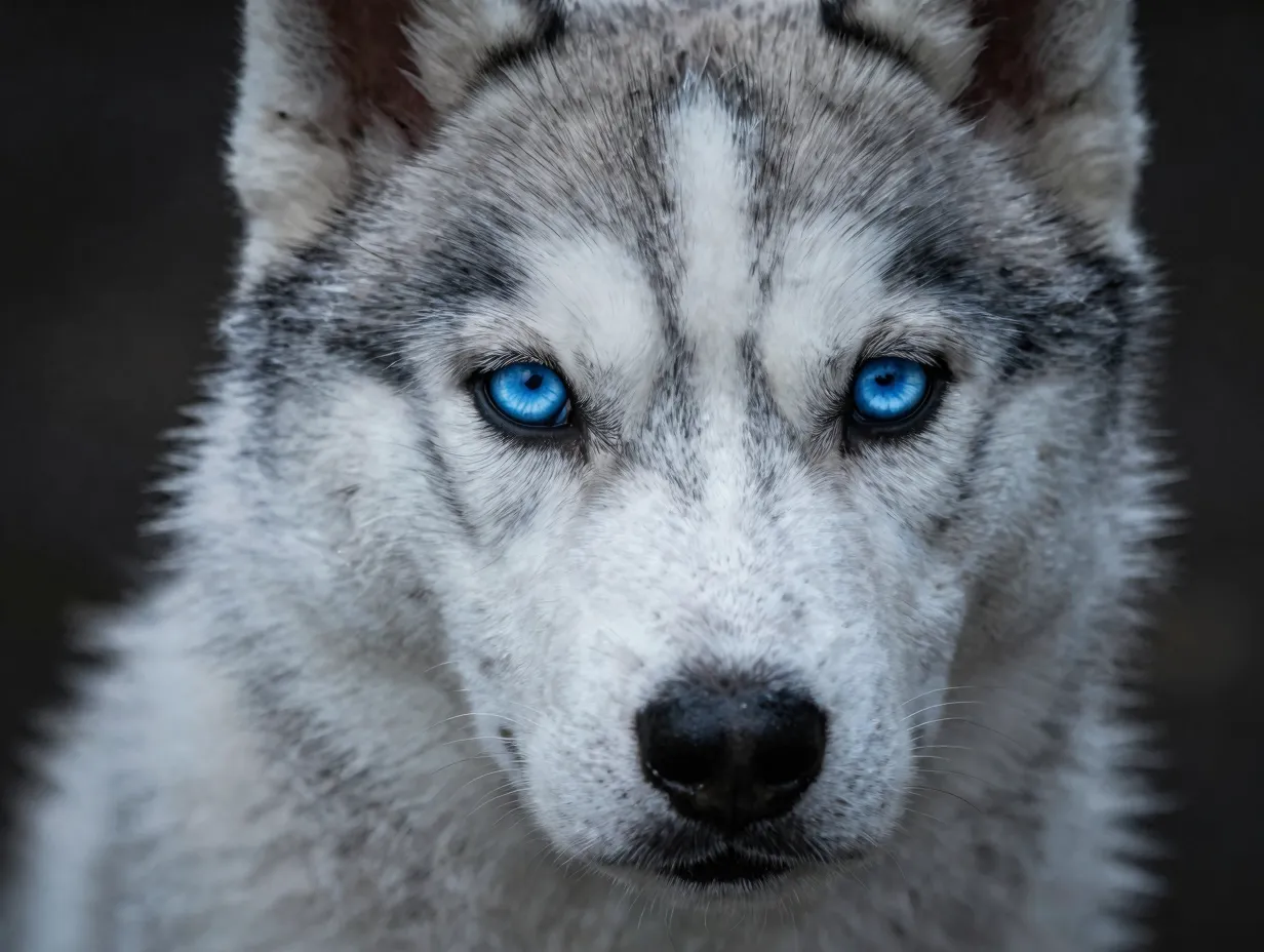 Husky puppy with piercing ice blue eyes