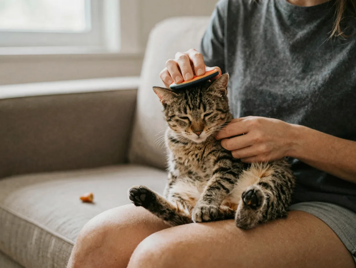 Person gently brushing a tabby kitten while sitting on a couch