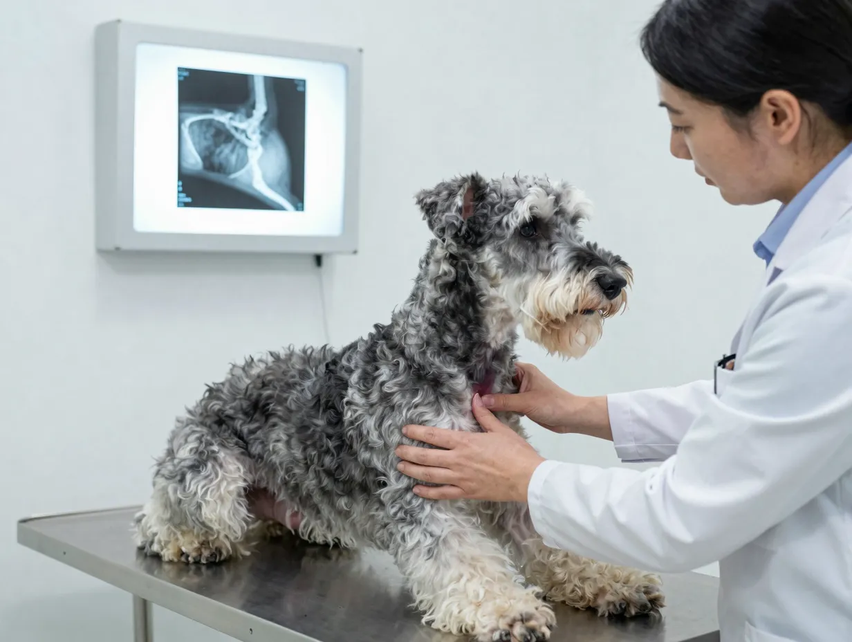 Veterinarian examining gerberian shepsky dog hip joint for health checkup